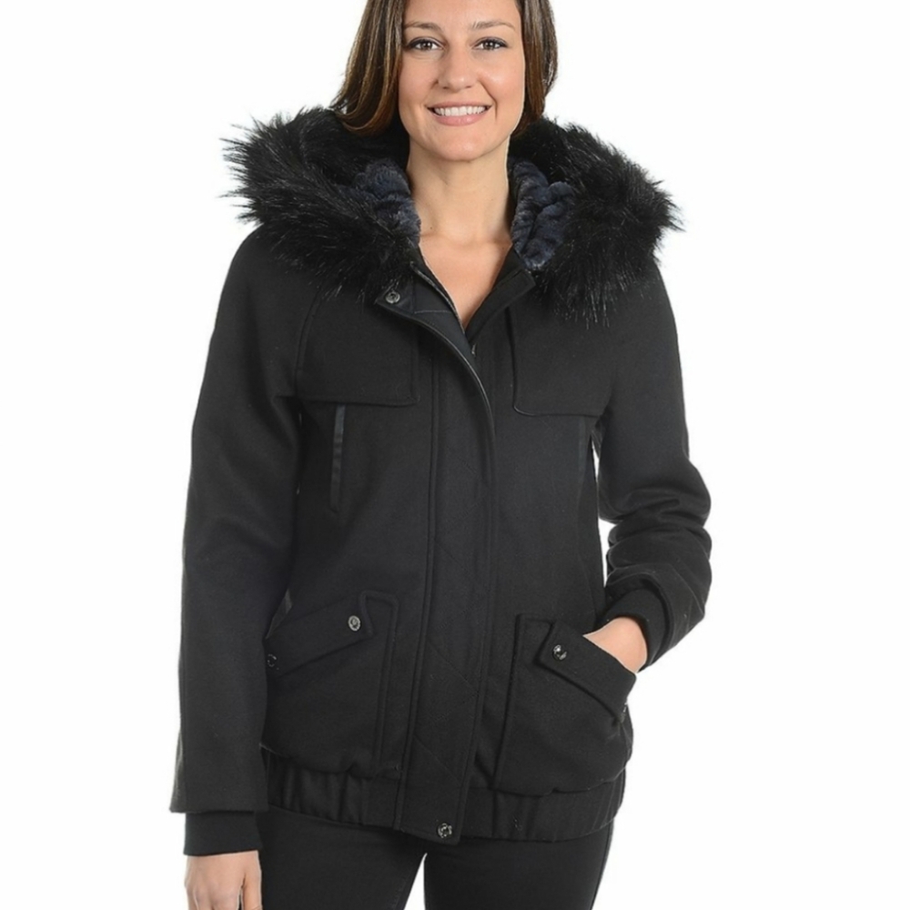 Kensie Hooded Wool Blend Black Bomber Jacket